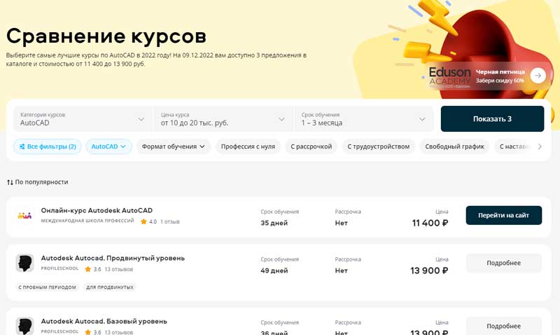 Фотография. Не кликабельно. Сравнение курсов по AutoCAD с ценой от 10 до 20 тыс. руб. и сроком обучения до 3 мес.